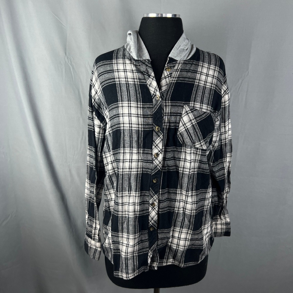 Justify Flannel Shirt Womens Small Multicolor Plaid Cotton Button Front Hooded